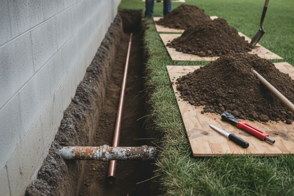 Excavated water line trench during Water Heater Repair in Lima
